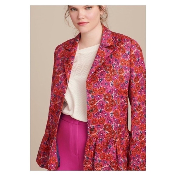 LELA ROSE Pink Red Wave Flounce Peplum Floral Jacket Size 10 NWT - Picture 2 of 11